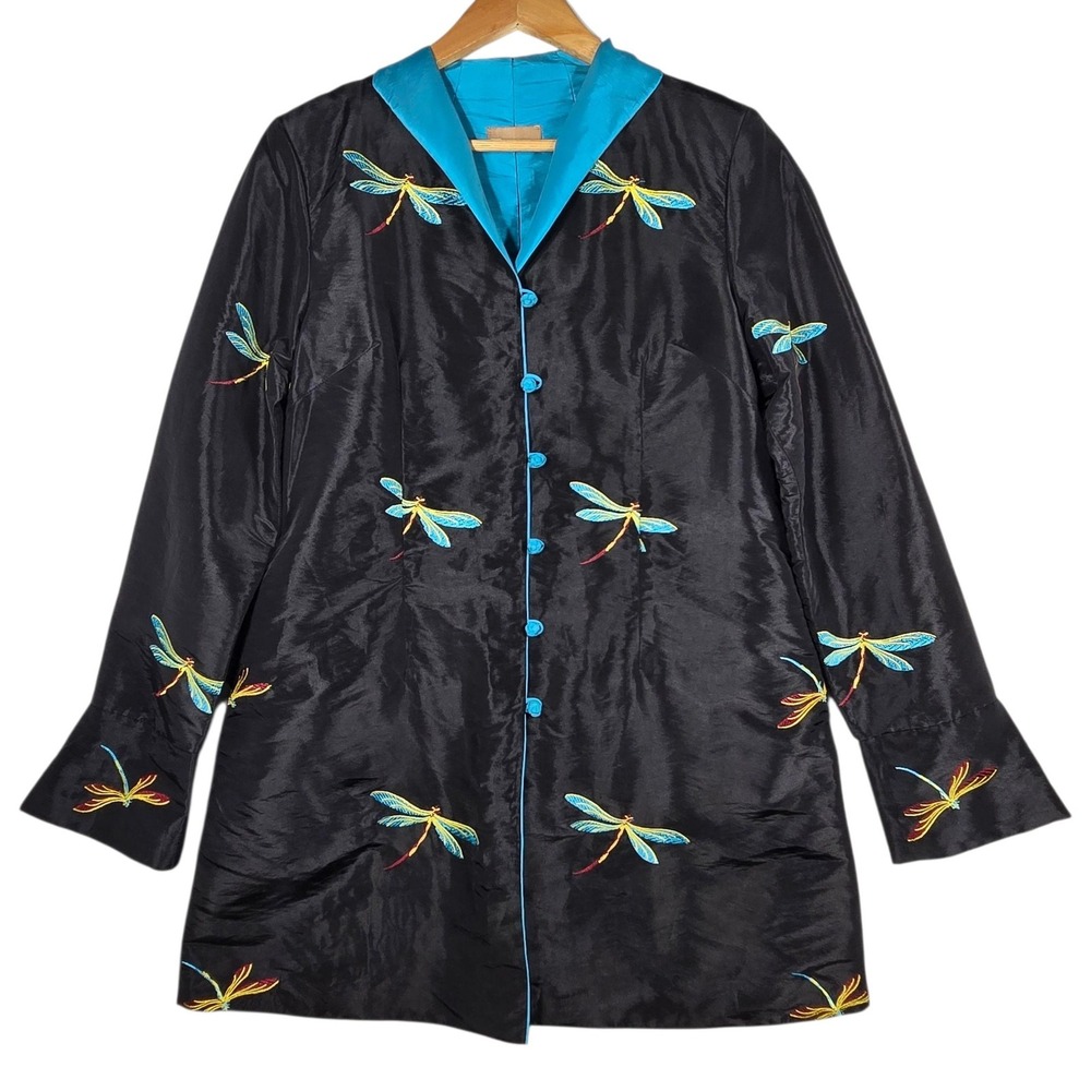 La Cera Dragonfly Embroidered Jacket Womens‎ Small Black Longline Art to Wear